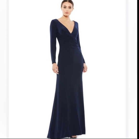 Mac Duggal Navy Blue Long Sleeve Ruched V Neck Gown Style #26573 - Picture 12 of 12